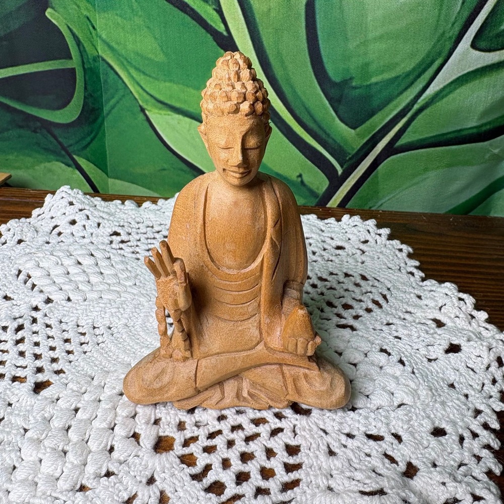 Wooden Buddha Meditating with Beads Wood Carved Statue
